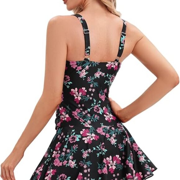 RWFVSJ One Piece Swimdress Flower Black Size Large - Picture 2 of 5